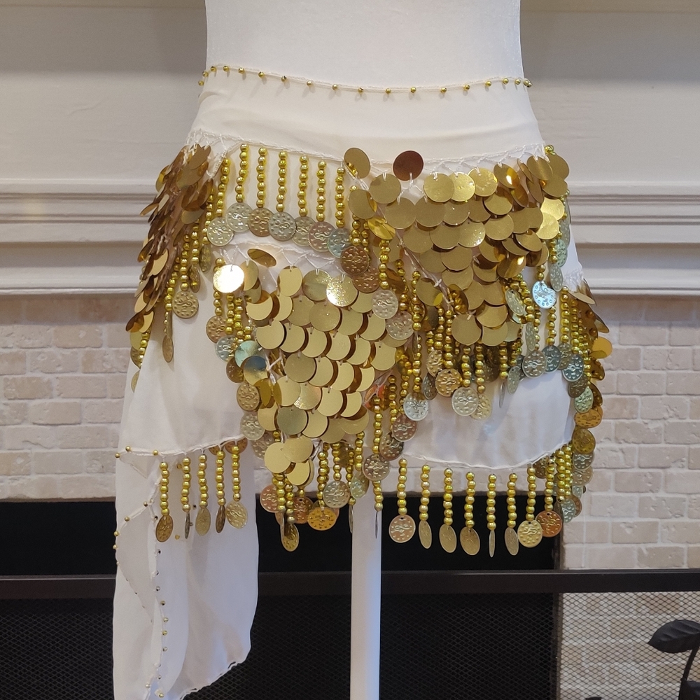 Stunning Gold Coin Belly Dance Hip Scarf Belt White Fringe Costume OS